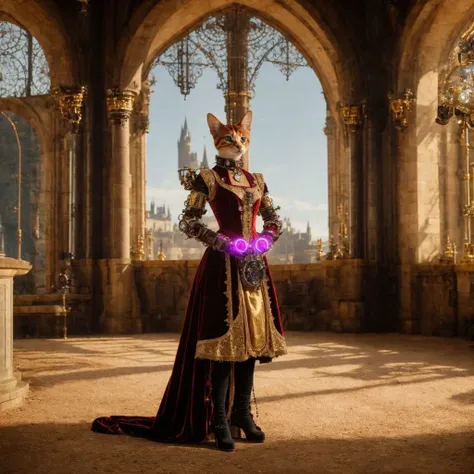 realistic photo of robot with exposed mechanism, cybernetic steampunk mechanical hybrid cat dressed as princess, wearing velvet dress with matched leggings, steel pet collar around neck, inside castle scene, analog film grain, 4k, cinematic