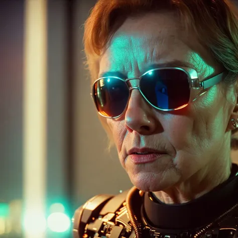 realistic film shot of movie title "my grandma is a terminator robot", cinematic, analog film grain, realistic, action movie lighting