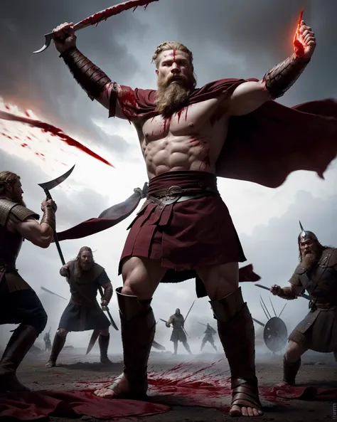 ((photorealistic)), ((raw photo)), A viking_man, 18_year_old, short_braid, short_hair, ((standing in a epic battle, blood on cloth)), dynamic pose, dynamic camera