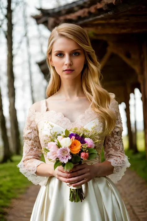 A stunning intricate full color portrait of a blonde woman,wearing a wearing a elegant wedding dress ,epic character composition,by ilya kuvshinov, alessio albi, nina masic, colourful place, movie scene, colourful, natural lighting, subsurface scattering, f2, 35mm, film grain <lora:BunnyCo:1>