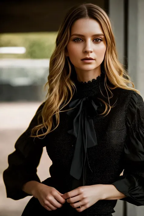 A stunning intricate full color portrait of a woman,wearing a black high neck blouse, happy, epic character composition,by ilya kuvshinov, alessio albi, nina masic,sharp focus, natural lighting, subsurface scattering, f2, 35mm, film grain , portait, closeup, very detailed skin texture , blonde <lora:BunnyCo:1>