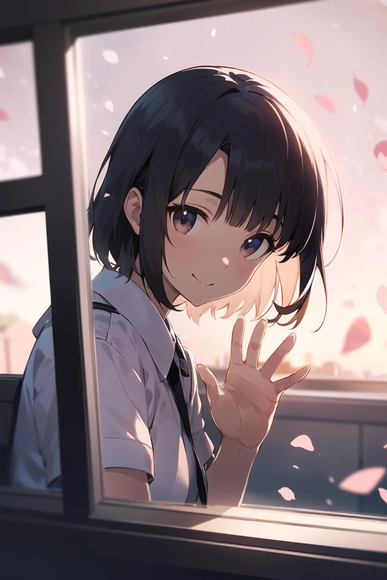 a girl,katou megumi,smile,(out the window:1.2) (outside view:1.1), waving hand,From the third person, fluttering petals, depth of field, blurry, blurry background, bokeh
<lora:katou megumi:0.7:sd>  <lora:GoodHands-beta2:1>
