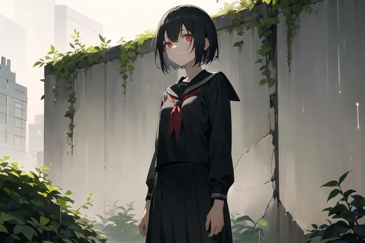 1girl,black short hair,red eyes,empty eyes,glowing eyes,no pupil,medium breasts,black serafuku,skirt,torn clothes,expressionless,look at viewer,shadow,abandoned building, old and crumbling, ivy growing up the walls, broken windows, overgrown weeds, empty and desolate, rain falling, dark and gloomy, feeling hopeless and alone,