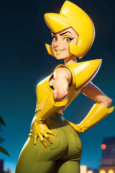 ylwdim,(yellow skin:1.1),yellow eyes,yellow lips,helmet with two  tips,
chest diamond,yellow gloves,brown pants,dark yellow and olive bodysuit,
standing,from below,leaning forward,
serious,teeth,
stars,beach,
(insanely detailed, masterpiece, best quality),solo,<lora:yellowdiamond-11SSv11:0.8>,