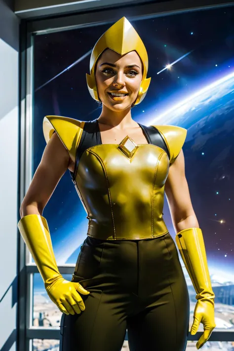 Ylwdim, helmet, yellow eyes, yellow skin, yellow lips, chest diamond, yellow gloves, pants,shoulder armor, dark yellow and olive chest plate, sleeveless, looking at viewer, seductive smile, grin, from_below, cameltoe, outside, night time, high quality, masterpiece, <lora:yellowdiamond:.8>
