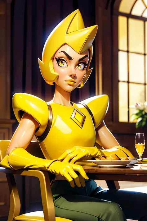 Ylwdim, helmet, yellow eyes, yellow skin, yellow lips, chest diamond, yellow gloves, pants,shoulder armor, dark yellow and olive chest plate, sleeveless, looking at viewer, serious, bored, sitting, on large chair, dining room, high quality, masterpiece, <lora:yellowdiamond:.8>