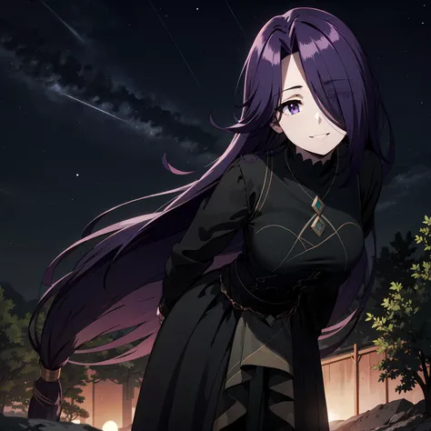 <lyco:shadow_Aurora:0.7>,hair over one eye, standing,very long hair,nature,smile,(night:1.4), outdoor,arms behind back,(leaning forward:1.2),, absurdres , highres, ultra detailed, (1girl:1.3),