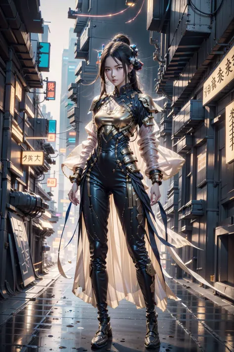 1girl, transparent silk samurai,  <lora:CyberChineseClothes_B:0.8>, cyberchineseclothes,cyberpunk, gold metalic accents, rage of the godslayer, alpha tonic moronic plutonic