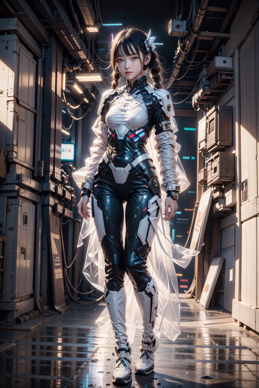 1girl, white owl in barn, <lora:CyberChineseClothes_B:0.8>, cyberchineseclothes,cyberpunk,
