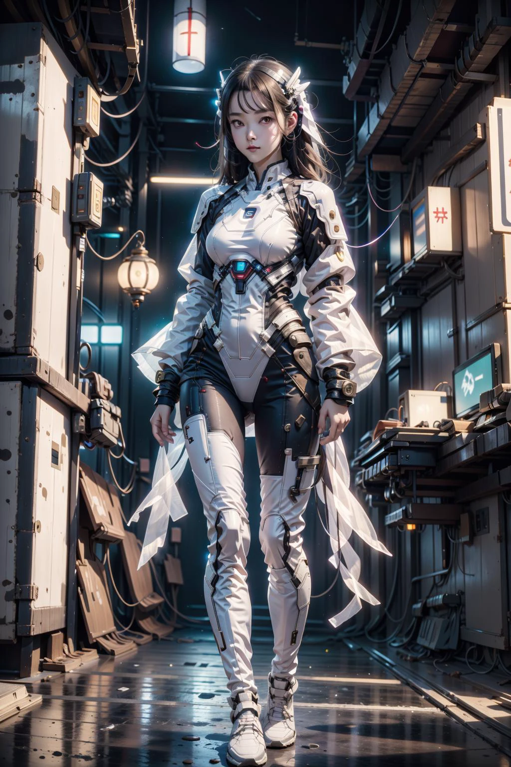 1girl, white owl in barn, <lora:CyberChineseClothes_B:0.8>, cyberchineseclothes,cyberpunk,