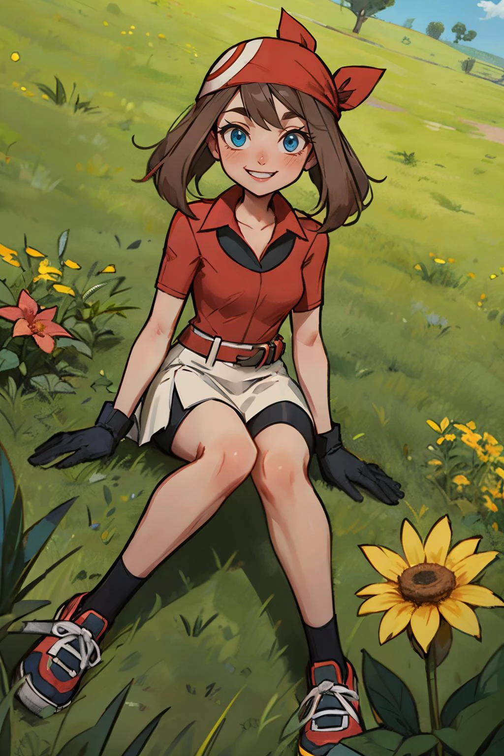 pkmnmay, blue eyes, brown hair, bangs, red bandana,short sleeves, red jacket, wing collar, white skirt, black shorts, shorts under skirt, belt, two-tone gloves, shoes, looking at viewer, smiling, teeth, sitting, wariza, on grass, outside, park, flowers, sunny, high quality, masterpiece <lora:PKMN_May_Gen3_v1:.9>