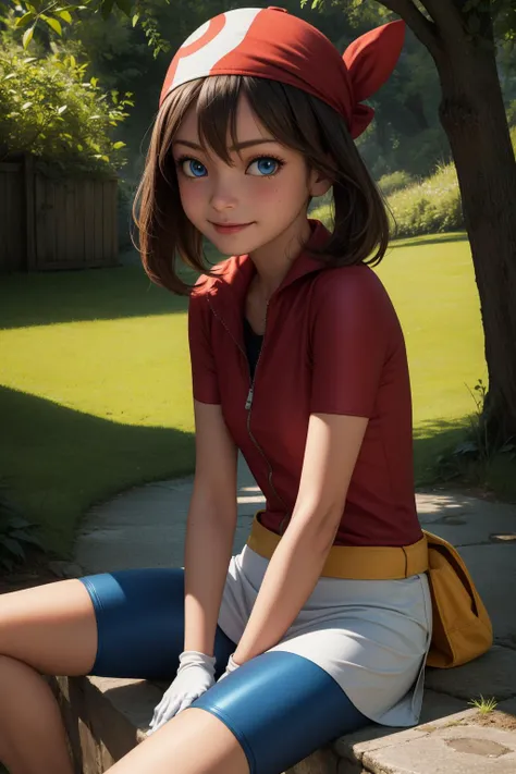 pkmnmay, 1girl, solo, blue eyes, brown hair, bangs, hair between eyes, red bandana,
short sleeves, red jacket, wing collar, white skirt, black shorts, bike shorts, bike shorts under skirt, white gloves, black gloves, two-tone gloves,
smile,closed mouth,cowboy shot,sitting,
forest,outdoor,
(insanely detailed, beautiful detailed face, masterpiece, best quality) cinematic lighting,<lora:PKMN_May_Gen3_v1:1>, <lora:more_details:0.3>,