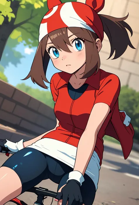 (masterpiece, best quality), 1girl, pkmnmay, 1girl, solo, blue eyes, brown hair, bangs, hair between eyes, red bandana,, short sleeves, red jacket, wing collar, white skirt, black shorts, bike shorts, bike shorts under skirt, white gloves, black gloves, two-tone gloves,
