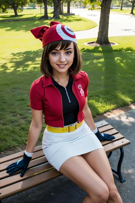 pkmnmay, blue eyes, brown hair, bangs, red bandana,short sleeves, red jacket, wing collar, white skirt, black shorts, shorts under skirt, belt, two-tone gloves, looking at viewer, smiling, sitting, on bench, from_above, outside, park, trees, sunny, high quality, masterpiece <lora:PKMN_May_Gen3_v1:.9>