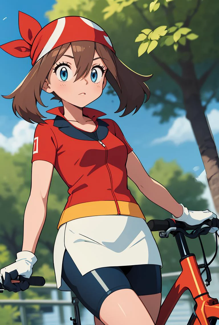 (masterpiece, best quality), 1girl, <lora:PKMN_May_Gen3_v1:0.8> pkmnmay, 1girl, solo, blue eyes, brown hair, bangs, hair between eyes, red bandana,, short sleeves, red jacket, wing collar, white skirt, black shorts, bike shorts, bike shorts under skirt, white gloves, black gloves, two-tone gloves,