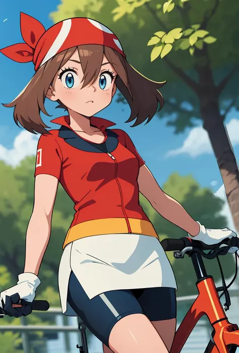 (masterpiece, best quality), 1girl,    <lora:PKMN_May_Gen3_v1:0.8> pkmnmay, 1girl, solo, blue eyes, brown hair, bangs, hair between eyes, red bandana,, short sleeves, red jacket, wing collar, white skirt, black shorts, bike shorts, bike shorts under skirt, white gloves, black gloves, two-tone gloves,