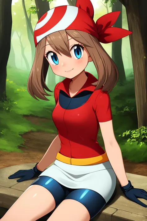 pkmnmay, 1girl, solo, blue eyes, brown hair, bangs, hair between eyes, red bandana,
short sleeves, red jacket, wing collar, white skirt, black shorts, bike shorts, bike shorts under skirt, white gloves, black gloves, two-tone gloves,
smile,closed mouth,cowboy shot,sitting,
forest,outdoor,
(insanely detailed, beautiful detailed face, masterpiece, best quality) cinematic lighting,<lora:PKMN_May_Gen3_v1:1>, <lora:more_details:0.3>,