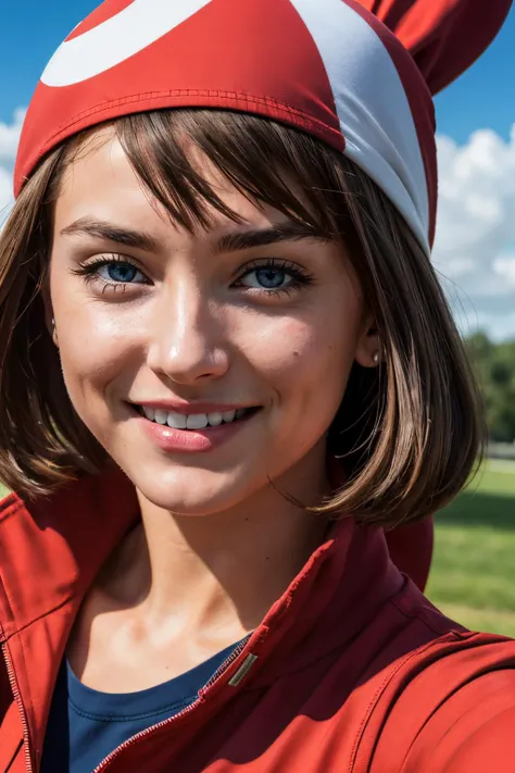 pkmnmay, blue eyes, brown hair, bangs, red bandana,short sleeves, red jacket, wing collar, looking at viewer, smiling, close up, outside, park, field, blue sky, high quality, masterpiece <lora:PKMN_May_Gen3_v1:.9>