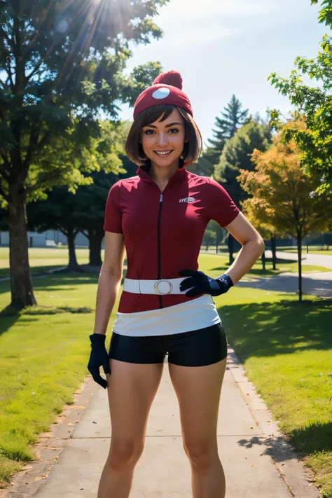 pkmnmay, blue eyes, brown hair, bangs, red bandana,short sleeves, red jacket, wing collar, white skirt, black shorts, shorts under skirt, belt, two-tone gloves, looking at viewer, smiling, standing, hands on hips, outside, park, stone path, trees, sunlight, high quality, masterpiece <lora:PKMN_May_Gen3_v1:.9>