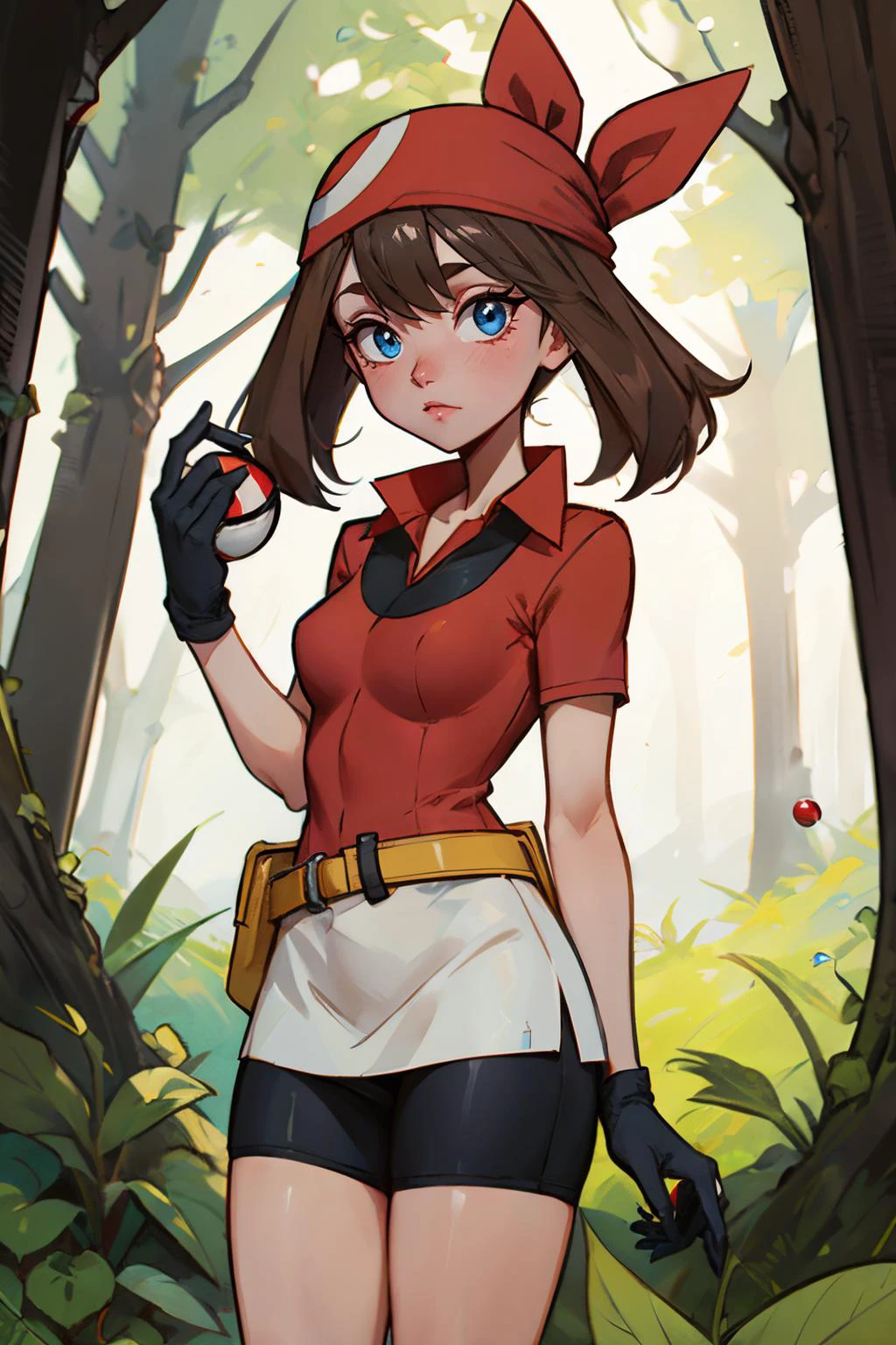 pkmnmay, blue eyes, brown hair, bangs, red bandana,short sleeves, red jacket, wing collar, white skirt, black shorts, shorts under skirt, belt, two-tone gloves, looking at viewer, serious, standing, outside, forest, holding poke ball, sunlight, high quality, masterpiece <lora:PKMN_May_Gen3_v1:.9>