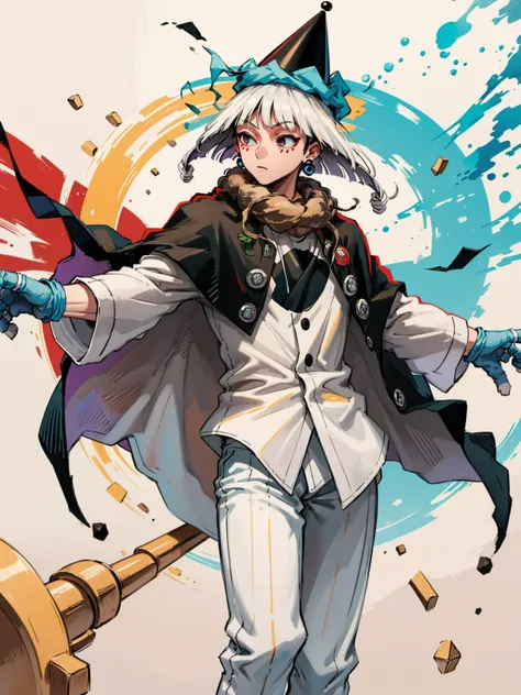<lora:shinnkouhyou:0.8> 1boy,white hair,hat,cape,white shirt,striped pants,earrings, gloves, <lora:PAseer's Print:0.8> masterpiece