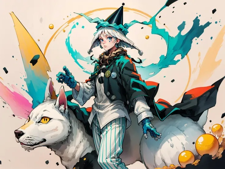 <lora:shinnkouhyou:0.8> 1boy,white hair,hat,cape,white shirt,striped pants,earrings, gloves, <lora:PAseer's Print:1> masterpiece, (looking at viewer:1.5),colorful