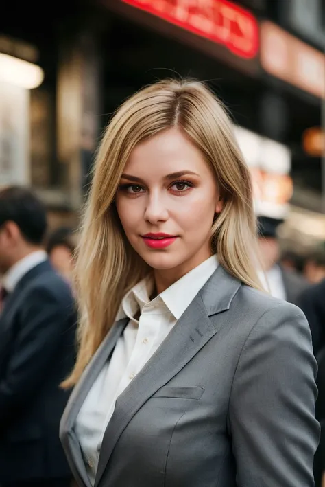 Light blonde Swedish woman wearing business costume on the street, ((best qulaity)), ((Meisterwerk)), (Detailliert), Perfektes Gesicht
