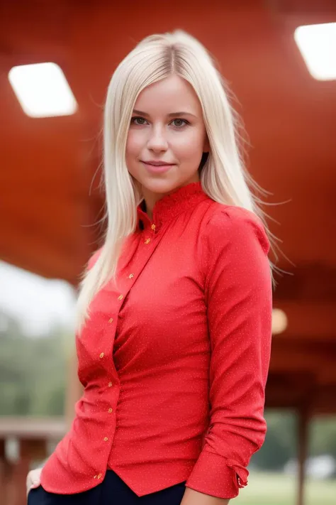 A stunning intricate full color portrait of a woman, wearing a red high neck blouse, happy, epic character composition,by ilya kuvshinov, alessio albi, nina masic,sharp focus, natural lighting, subsurface scattering, f2, 35mm, film grain, full body in the picture <lora:DidoAngel:1>