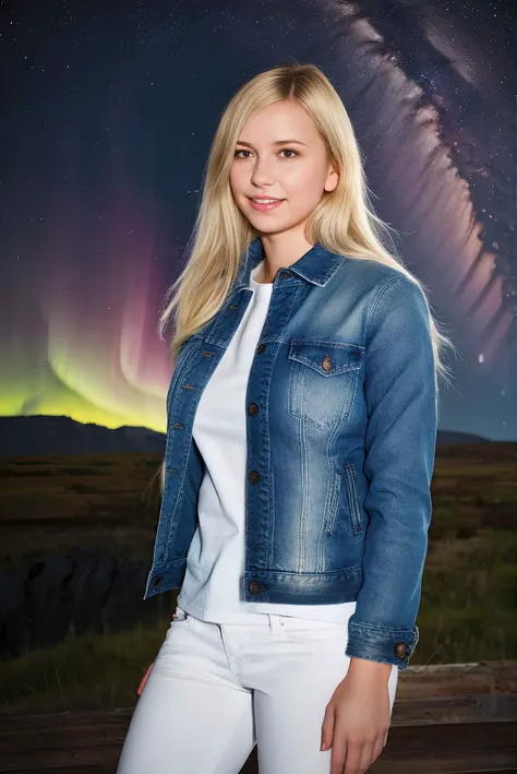 A full color portrait of a beautiful woman in a denim jacket with a white t-shirt and jeans,Reykjavik, Iceland under the Northern Lights,HDR Foto, epic character composition,by ilya kuvshinov, alessio albi, nina masic,sharp focus, subsurface scattering, f2, 35mm, film grain , blonde, sexy smile <lora:DidoAngel:1>