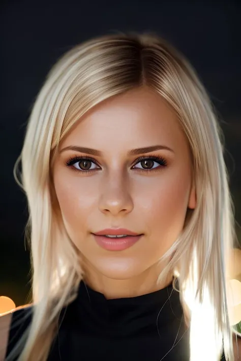 A stunning intricate full color portrait of a 20 year old beautiful blonde woman wearing a high neck black dress <lora:epiNoiseoffset_v2:1>, at night, having fun, epic character composition,by ilya kuvshinov, alessio albi, nina masic,sharp focus, natural lighting, subsurface scattering, f2, 35mm, film grain <lora:DidoAngel:1>