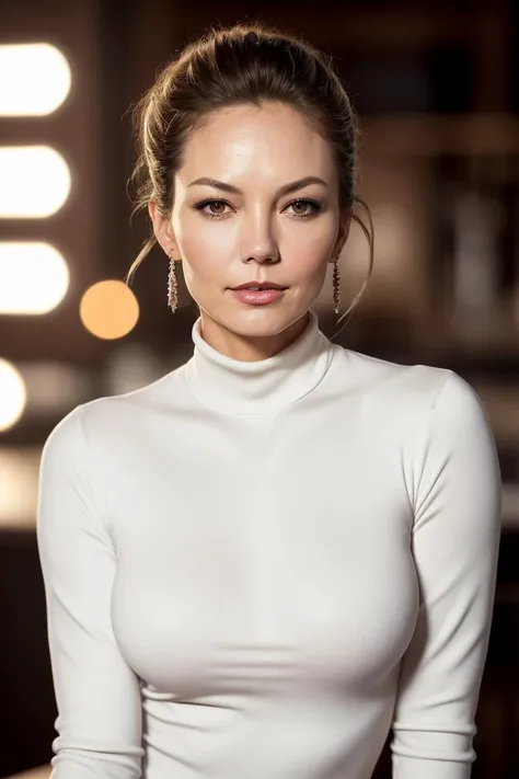 photo of extremely sexy (d1ane1ane-130:0.99), a woman as a sexy student, closeup portrait upsweep updo, (white tight long sleeve turtleneck top), at a cantina sitting bar (masterpiece:1.5) (photorealistic:1.1) (bokeh) (best quality) (detailed skin texture pores hairs:1.1) (intricate) (8k) (HDR) (wallpaper) (cinematic lighting) (sharp focus), (eyeliner), (painted lips:1.2), (earrings)