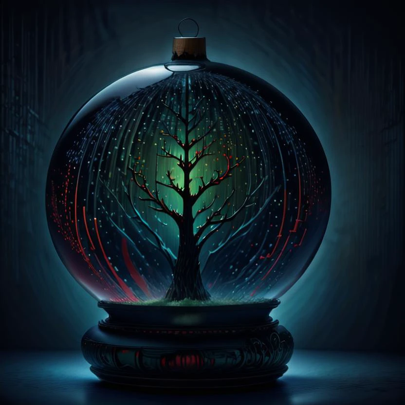 best quality,masterpiece, ultra high res, colorful tree, no humans <lora:shendan:0.75>, (binarybug (tree) style), blue snowflakes, red candy cane, green christmas tree, dark green background <lora:BinaryBug:1.35> <lora:speedy1p5:1.15>