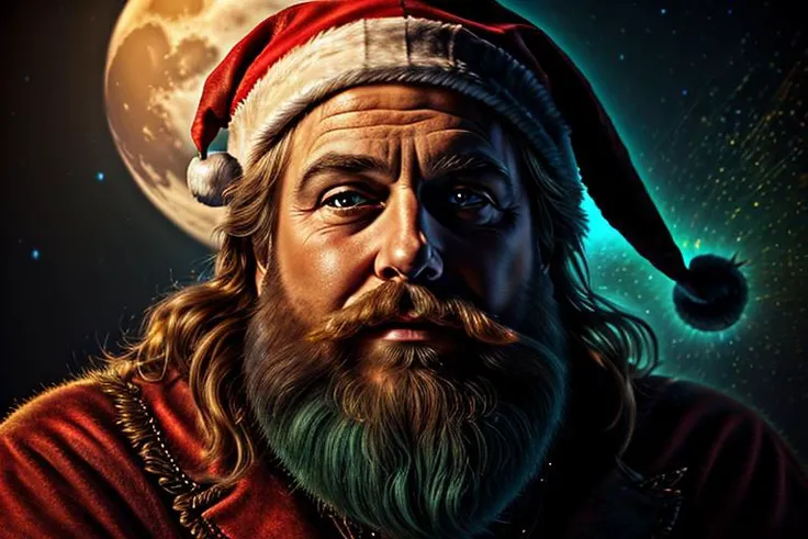 big (binarybug moon style) in background, Santa Claus driving a flying sleigh, dark green sky, red stars, blue sparkles, pr0f3ss10n4l <lora:BinaryBug:1.25>