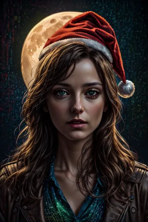 big (binarybug moon style) in background, santa hat, dark green sky, red stars, blue sparkles, pr0f3ss10n4l <lora:BinaryBug:1.25> <lora:more_details:0.40> <lora:difConsistency_detail:0.20>