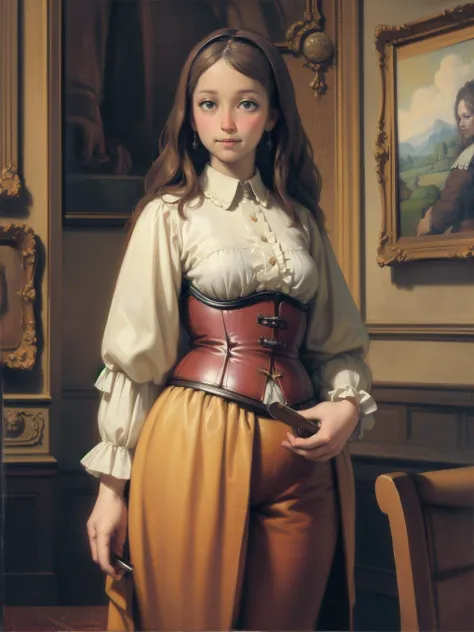 best quality  <lora:TekuTammy_v2:0.8> Tekutammy, 1girl, solo, solo focus, crazy smile, looking at viewer, medium breasts,
BREAK
corset top, fisherman pants
BREAK
Rembrandt, (distant view:1.3),(award-winning painting:1.3), (8k, best quality:1.3), (realistic painting:1.1), A gorgeous and intricate painting, fine art, tenebrism <lora:Rembrandt:0.6>
BREAK
courtroom