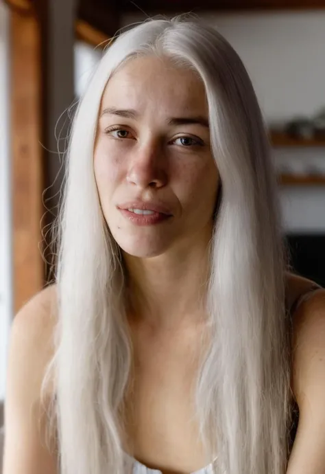 20yo woman (biting on own lips:1),(winks with one eye at viewer:1), pose, (white long hair:0.6), (brown iris), (looking at viewer), (freckels:0.5), (wrinkles:0.3), (background living room),
<lora:makeup_v53_020_5epoches_00006:0.4>
