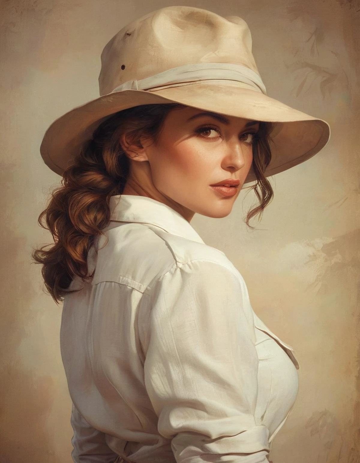 (portrait), (closeup), sexy 36 year old woman, looking back over shoulder, 20s adventurer outfit, unbuttoned open light linen shirt, white safari hat, auburn bun,ilustration, cinematic, film grain <lora:EldritchRomanceIllustration1.3.1:0.95> <lora:makeup_v53_020_5epoches_00006:0.8> (((biting on own lips)))