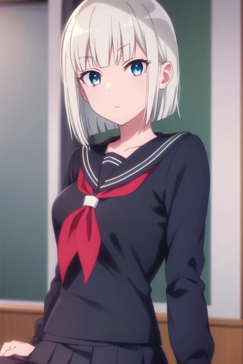 ginaboyd, <lora:gina boyd s1-lora-nochekaiser:1>,
gina boyd, short hair, bangs, blue eyes, white hair, blunt bangs, bob cut,
BREAK skirt, long sleeves, school uniform, pleated skirt, serafuku, black skirt, sailor collar, neckerchief, red neckerchief, black serafuku,
BREAK indoors, classroom,
BREAK looking at viewer,
BREAK <lyco:GoodHands-beta2:1>, (masterpiece:1.2), best quality, high resolution, unity 8k wallpaper, (illustration:0.8), (beautiful detailed eyes:1.6), extremely detailed face, perfect lighting, extremely detailed CG, (perfect hands, perfect anatomy),