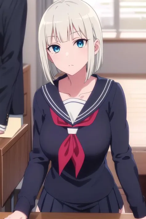 ginaboyd, <lora:gina boyd s1-lora-nochekaiser:1>,
gina boyd, short hair, bangs, blue eyes, white hair, blunt bangs, bob cut,
BREAK skirt, long sleeves, school uniform, pleated skirt, serafuku, black skirt, sailor collar, neckerchief, red neckerchief, black serafuku,
BREAK indoors, classroom,
BREAK looking at viewer,
BREAK <lyco:GoodHands-beta2:1>, (masterpiece:1.2), best quality, high resolution, unity 8k wallpaper, (illustration:0.8), (beautiful detailed eyes:1.6), extremely detailed face, perfect lighting, extremely detailed CG, (perfect hands, perfect anatomy),