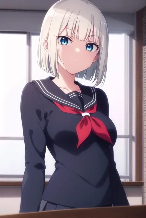 ginaboyd, <lora:gina boyd s1-lora-nochekaiser:1>,
gina boyd, short hair, bangs, blue eyes, white hair, blunt bangs, bob cut,
BREAK skirt, long sleeves, school uniform, pleated skirt, serafuku, black skirt, sailor collar, neckerchief, red neckerchief, black serafuku,
BREAK indoors, classroom,
BREAK looking at viewer,
BREAK <lyco:GoodHands-beta2:1>, (masterpiece:1.2), best quality, high resolution, unity 8k wallpaper, (illustration:0.8), (beautiful detailed eyes:1.6), extremely detailed face, perfect lighting, extremely detailed CG, (perfect hands, perfect anatomy),