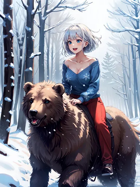 Masterpiece: 1.4, (1 girl), (anime slavic mature girl, fit, hugging the standing grizzly bear, blonde long straight hair, blue eyes, bikini, ushanka hat, fur gloves, woolen boots),  snowy field, daytime, snowy mountains on the background
