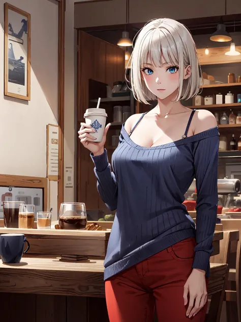 (masterpiece:1.2, best quality:1.1, highres,absurdres, high quality),(photorealistic:1.1),reflected light, colorful,ultra-detailed,8k, ultra hd, super detailed,
gina boyd, short hair, blue eyes, white hair, bob cut, large breasts, BREAK ,blue sweater,plunging neckline, BREAK, red pants, ,standing, embarrassed, cafe, hold coffee cup,
<lora:gina boyd s1-lora-nochekaiser:0.6> <lora:to8contrast-1-5:0.3>