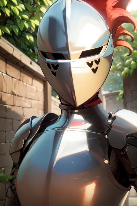 kardia, 1girl, solo, standing, armor, helmet, faceless, knight, visor \(armor\), plume, heart, looking at viewer, ((close-up, portrait, upper body)), chestplate, breasts, ((heart))