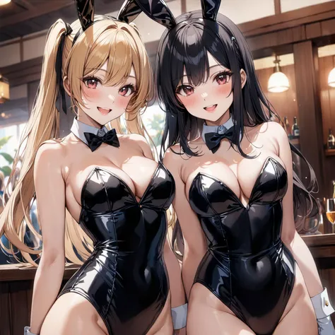 masterpiece,best quality,depth of field BREAK
3girls,blonde hair,long hair,blush,black tailcoat playboy bunny,bunny,standing BREAK
3girls,red hair,short hair,smile,pink playboy bunny,standing BREAK
3girls,black hair, twintails,;d,gold playboy bunny,standing,