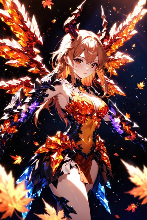 Autumn theme, 1girl, solo, dragon horn, energy wings, crystal dragon girl, armored skirt, amber crystals, energy scarf, autumn leaves, deep shadows, Depth of field,  4k wallpaper, cinematic angle, [(solid background:1.2)::0.1], (Chiaroscuro background:1.2), newest, highres, illustration, incredibly absurdres, ultra detailed, masterpiece, best quality, <lora:futtora-01:1>
