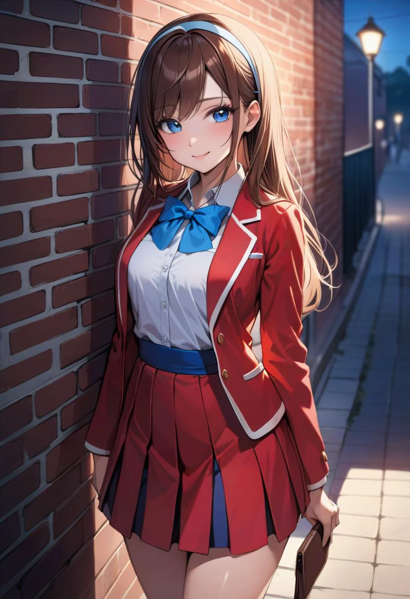 Best Quality,Masterpiece,absurdres,(depth of field:1.3),beautiful pretty cute small face,1girl,kind_smile,shiny_skin,perfect body,white_hairband,brown hair,long hair,swept bangs,school uniform,(blue bowtie, blue sash:1.3),(red bolero jacket, red skirt:1.1),White blouses,long sleeves,sidewalk,stand against the brick wall,against backlight at dusk,