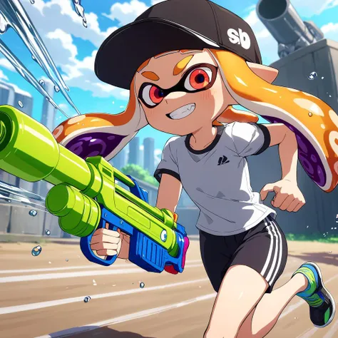 <lora:SplatoonInkling_v030:0.9>,<lora:DetailedEyes_V3:1.6>,
anime screencap,best quality,masterpiece,
1girl,solo,(splatoon inkling, tentacle hair, mask),toy gun,water gun,ink tank,colorful paint splatters,
(be running:1.2),grin,speed_lines,motion_blur,motion line,