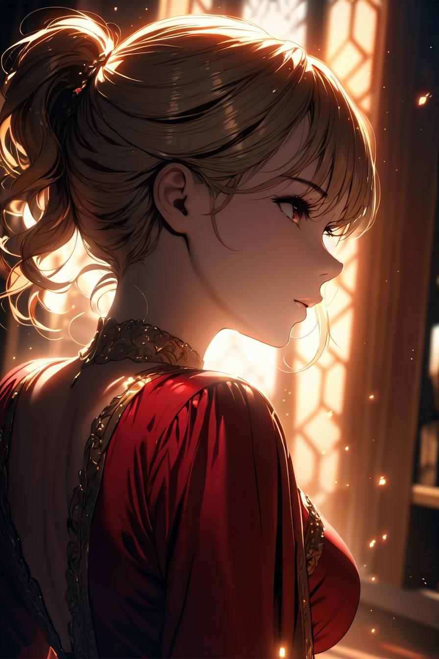 A woman in a red dress standing in front of a window - SeaArt AI