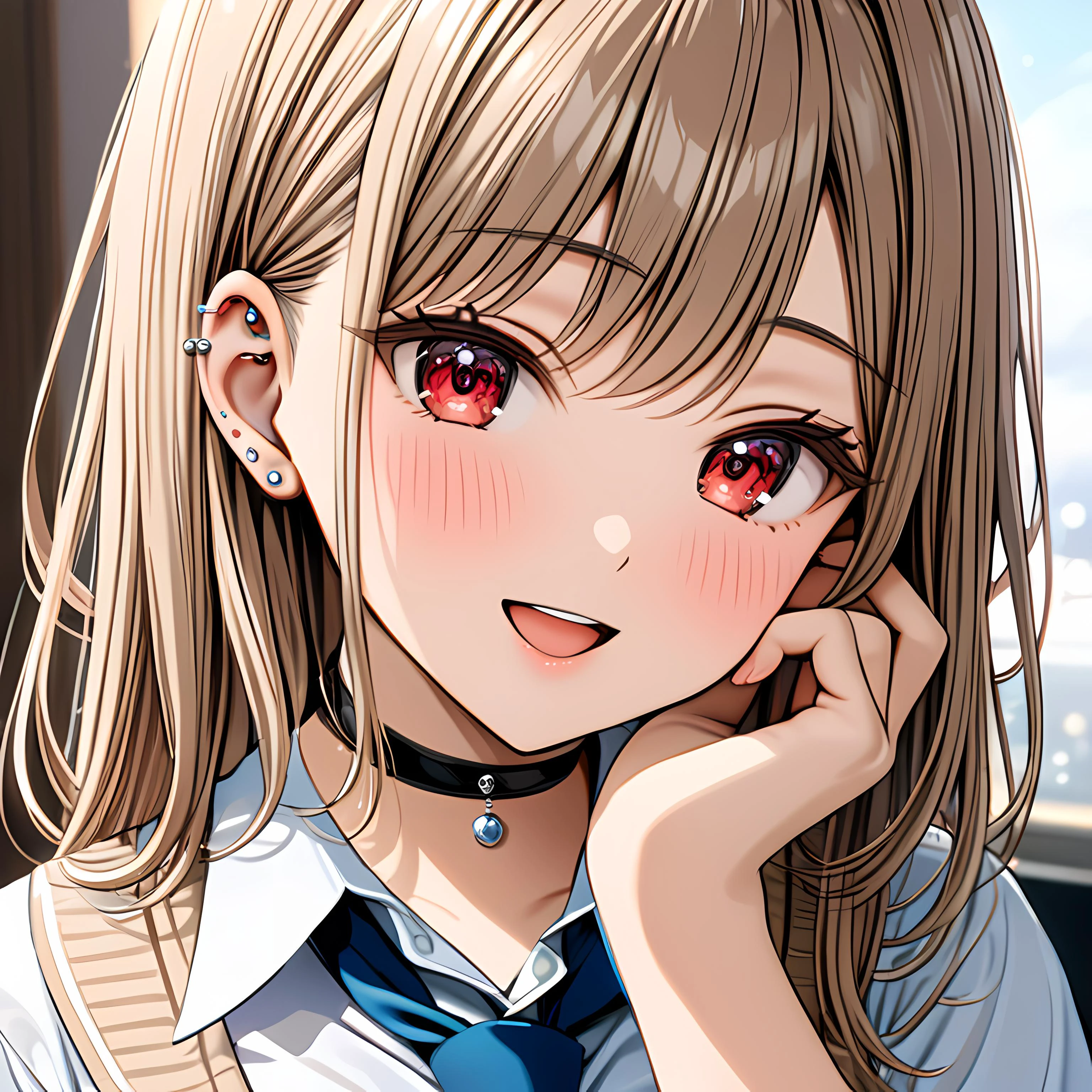 (kitagawa marin:1.3), school uniform, red eyes, :d, looking at viewer, blush, hand on own face, upper body, face, full head, necktie, ear piercing, jewelry, choker, <lora:add-detail-xl:1>, <lora:haimeng:0.7>, masterpiece, best quality, 4k, 8k, detailed, (intricate details)