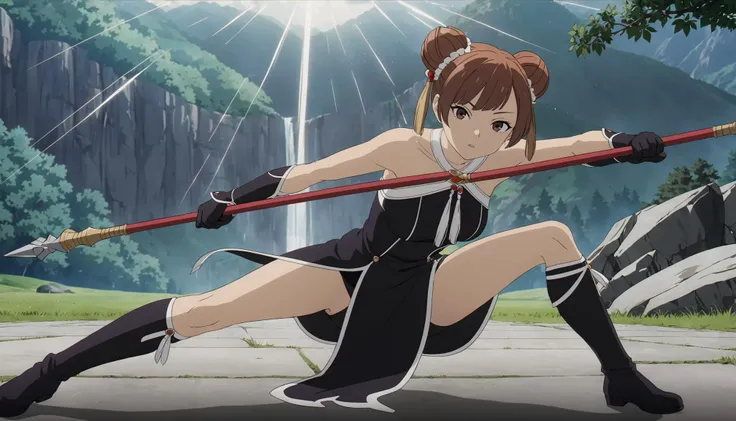 <lora:LaufenXL002>,<lora:DetailedEyes_V3:1.6>,looking at viewer,
solo,
anime screencap,
Laufen,1girl,brown hair,double bun,brown eyes,hair_ornament,
black dress,bare shoulders,
gloves,
pelvic curtain,
boots,
full body,
fighting_stance,holding polearm,one knee,spread legs,nature,sunbeams,